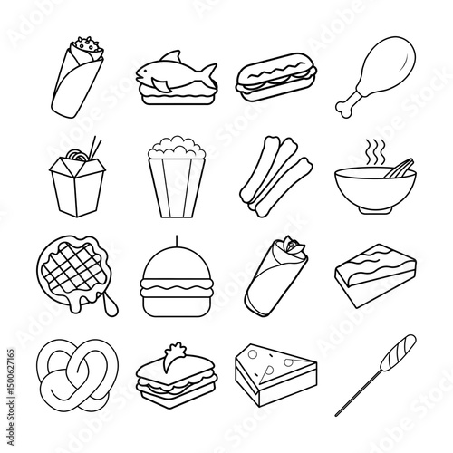 Minimalist fast food icon collection in clean line art vector