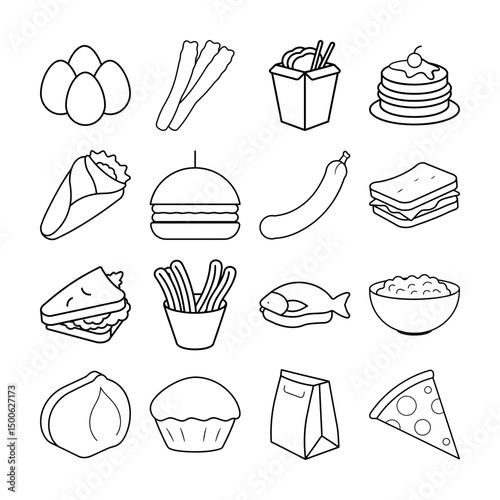 Fast food combo meal icons in hand-drawn line vector