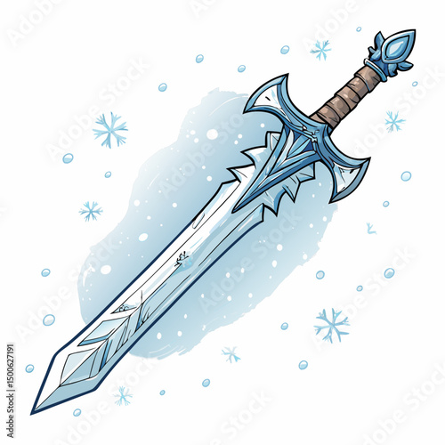 Design a bold, vector illustration of an enchanted ice sword with thick, impactful strokes.  Focus on sharp, crystalline details.