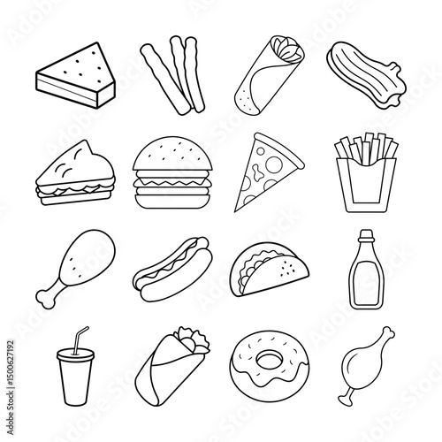 Street food line art vector pack with burgers and pizza