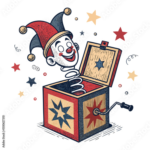 Create a bold, vector illustration of a classic jack-in-the-box toy, emphasizing strong black outlines and vibrant primary colors.