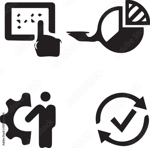 Business Graphic Icon: A sleek compilation of graphic business icons, from gear and profit, rendered in black, symbolize professional growth.