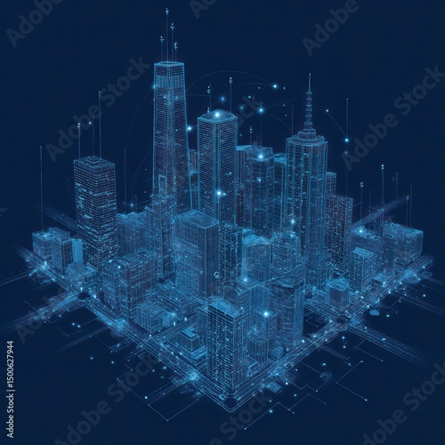 Digital smart city infrastructure design, featuring IoT sensors and data integration systems.