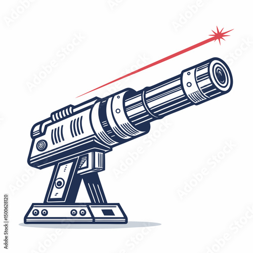 Create a vector illustration of a heavy-duty laser cannon with a bold, black stroke.  Emphasis on detailed mechanical elements.