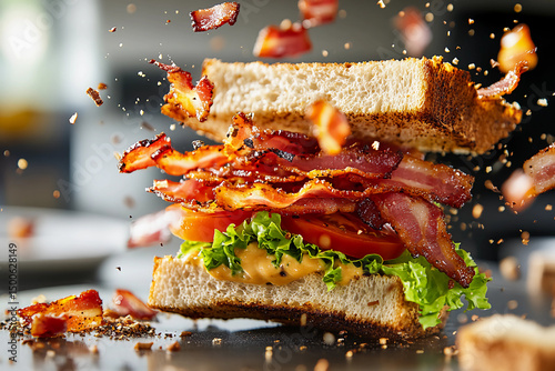 Classic BLT sandwich exploding in mid-air, crispy bacon strips spiraling, juicy tomato slices scattering, fresh lettuce leaves fluttering, toasted bread slices suspended in dynamic motion