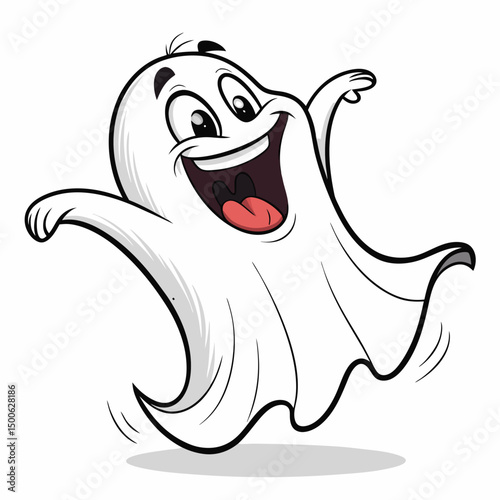 Design a bold, vector illustration of a laughing ghost, floating, with thick black outlines.  Ensure a playful, cartoonish style.