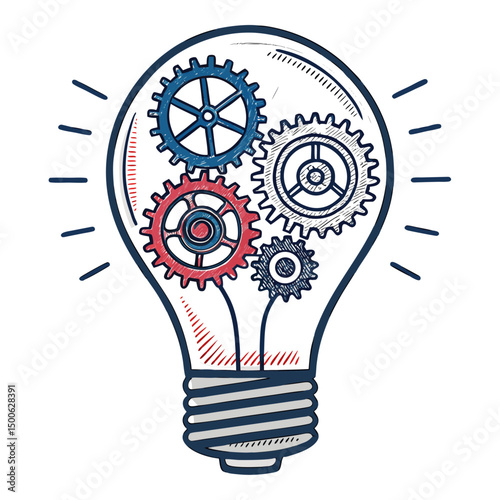 Create a bold vector illustration of a light bulb with integrated gears, emphasizing strong outlines and clean lines.  Focus on a bright, innovative aesthetic.