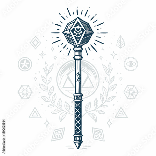 Design a bold, vector illustration of a magical rune staff; thick, impactful strokes; intricate rune carvings; glowing effect.