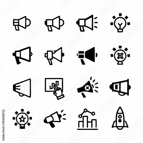 Design a bold vector graphic depicting marketing and promotional elements; incorporate strong lines and impactful visuals.