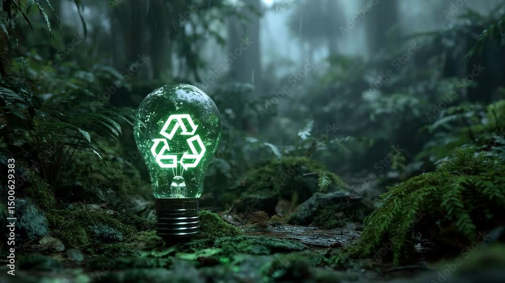 Close-up of a glowing light bulb with green recycle symbol, placed on earthy ground in the middle of dense jungle, hyper-realistic eco concept