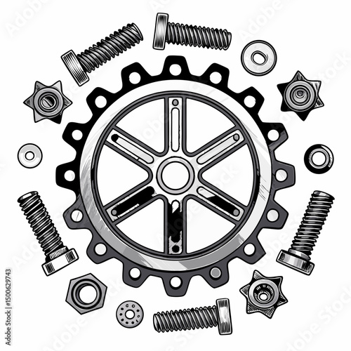 Design a bold, metallic vector avatar shaped like a gear with heavy, clearly defined strokes.  Ensure a strong industrial aesthetic.