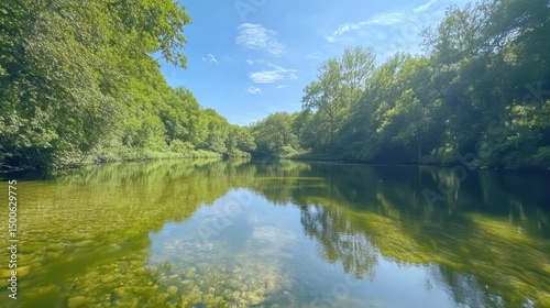 Idyllic river scenery with lush green banks and serene reflections of nature