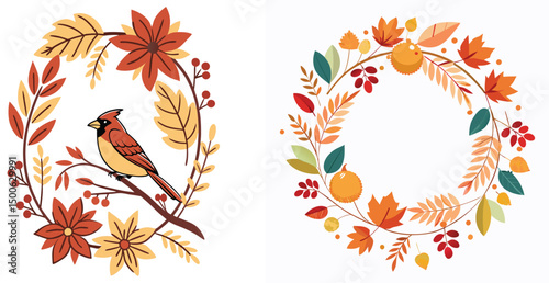 Autumnal floral wreath designs with cardinal bird and fall elements illustrations for seasonal decoration