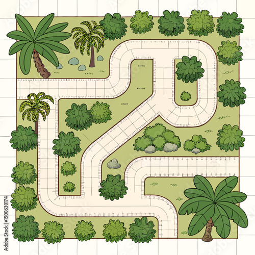 Create a bold, vector illustration of a stylized MOBA game map layout with clearly defined lanes, jungle areas, and base locations.