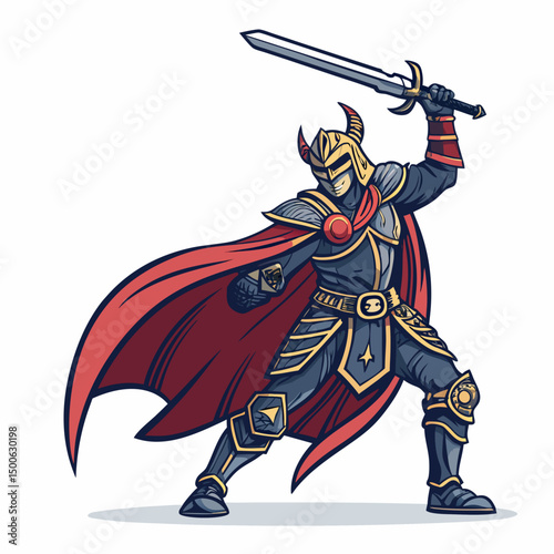 Design a bold, vector illustration of a powerful MOBA-style warrior, emphasizing strong linework and impactful silhouette.  Include detailed armor and weaponry.