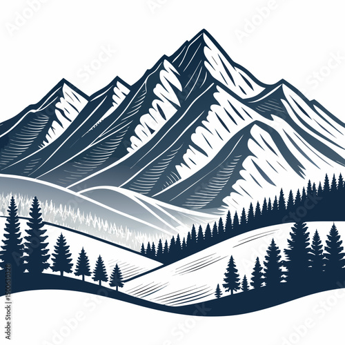 Create a bold, vector illustration of a majestic mountain range silhouette, featuring thick, black strokes and sharp, angular peaks.