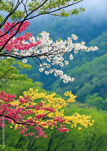 Aerial drone footage capturing the tranquil beauty of a lush spring forest with vibrant greenery and peaceful natural scenery.