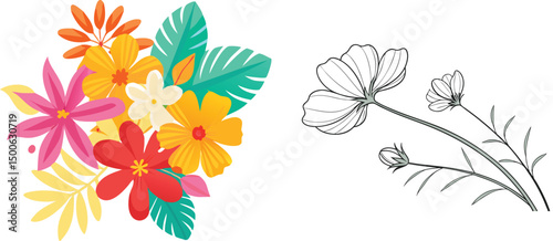 Colorful floral arrangement and delicate line art flowers vector illustration spring design element