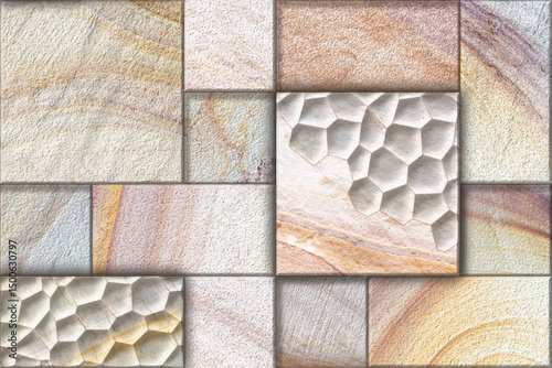 Fototapeta Naklejka Na Ścianę i Meble -  Home decorative 3d elevation wall tiles design, Seamless Ceramic Tiles Designs, Seamless Ceramic Wall tiles design Natural Stone Bricks wallpaper design Home decorative 3d elevation Background.