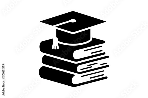 Graduation cap on stack of books black and white art graduation, icon, vector, illustration, silhouette, clipart, horizontal, isolated assets, on transparent background