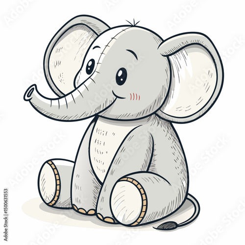 Create a vector illustration of a bold, thick-lined plush elephant toy; emphasize texture and playful design.