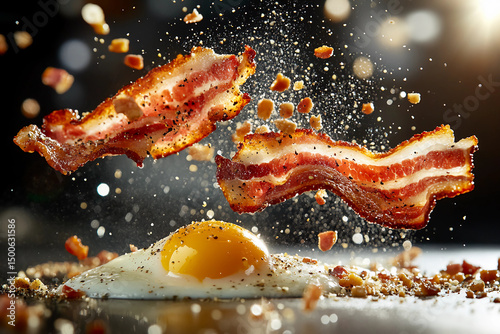 Dynamic motion of floating yolks and bacon strips in a vibrant, high-energy oil painting representing the rotation of ingredients around an invisible axis, creating a dynamic culinary scene