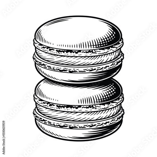 Two Delicious Macarons in Vintage Woodcut Style