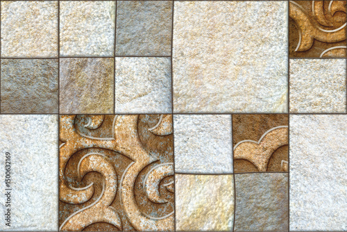 Fototapeta Naklejka Na Ścianę i Meble -  Home decorative 3d elevation wall tiles design, Seamless Ceramic Tiles Designs, Seamless Ceramic Wall tiles design Natural Stone Bricks wallpaper design Home decorative 3d elevation Background.