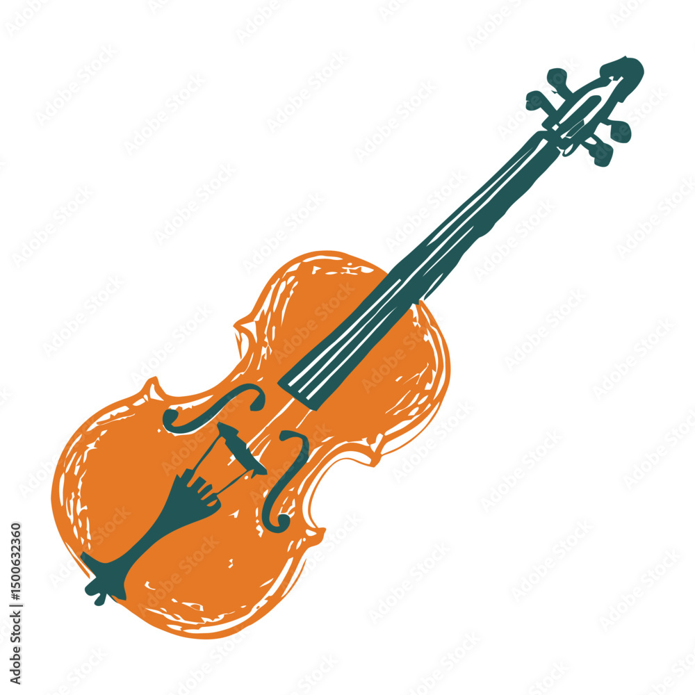 Obraz premium Orange Violin with Dark Green Strings in Handdrawn Look