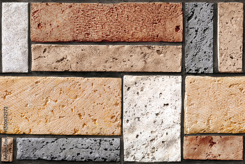 Fototapeta Naklejka Na Ścianę i Meble -  Home decorative 3d elevation wall tiles design, Seamless Ceramic Tiles Designs, Seamless Ceramic Wall tiles design Natural Stone Bricks wallpaper design Home decorative 3d elevation Background.