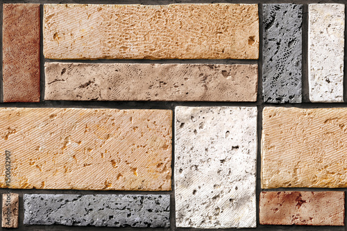 Fototapeta Naklejka Na Ścianę i Meble -  Home decorative 3d elevation wall tiles design, Seamless Ceramic Tiles Designs, Seamless Ceramic Wall tiles design Natural Stone Bricks wallpaper design Home decorative 3d elevation Background.