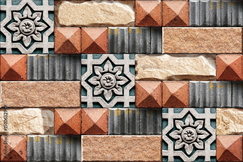 Fototapeta Naklejka Na Ścianę i Meble -  Home decorative 3d elevation wall tiles design, Seamless Ceramic Tiles Designs, Seamless Ceramic Wall tiles design Natural Stone Bricks wallpaper design Home decorative 3d elevation Background.