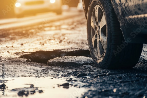Wallpaper Mural A car tire partially sinking into a massive pothole, emphasizing road damage and poor maintenance with copy space. Bright realistic lighting. Torontodigital.ca