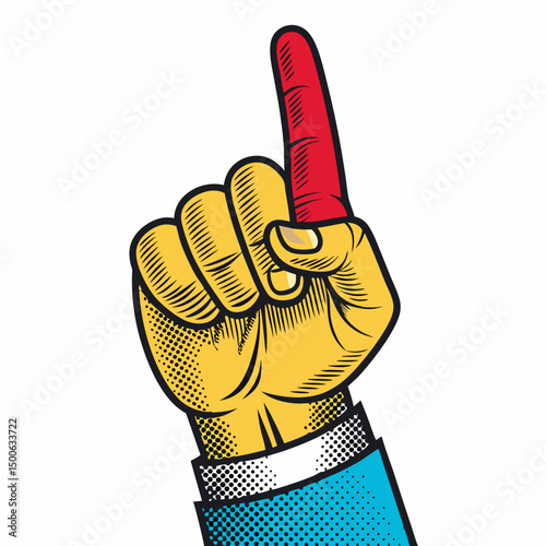 Create a bold, vector illustration of a pop art style hand gesturing with a prominent "P" incorporated into the design.  Emphasis on thick outlines and vibrant colors.