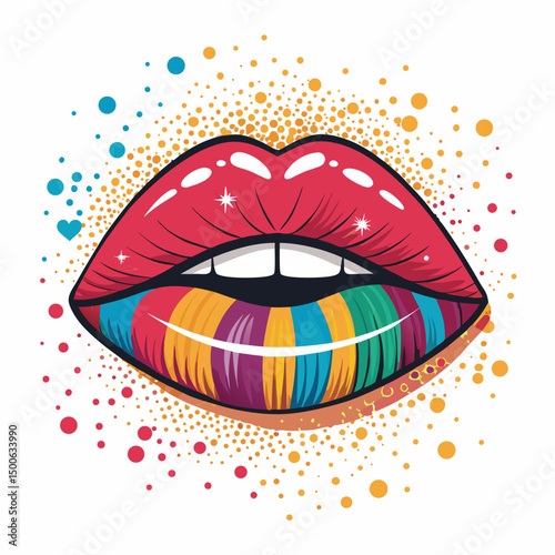 Create a bold, vector illustration of iconic pop art lips;  thick black outline, vibrant red fill, glossy effect.