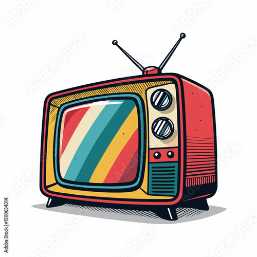 Design a bold, vector illustration of a retro TV icon in vibrant pop art style, featuring thick outlines and saturated colors.