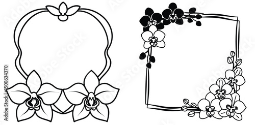 Orchid flower outline frame designs with square and heart shape borders floral vector illustrations