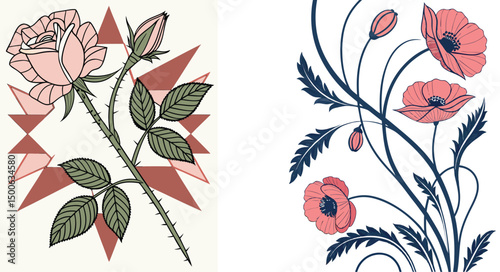 Rose and poppy flower arrangements elegant floral design featuring intricate details and decorative elements in contrasting color palettes