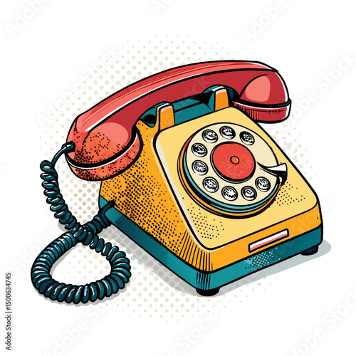Create a bold, vector illustration of a retro pop art telephone, featuring thick black outlines and vibrant colors.  Emphasis on a stylized, iconic design.