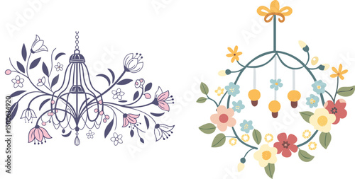 Two charming chandeliers floral ornament set whimsical design elements ideal for springtime projects and elegant invitations
