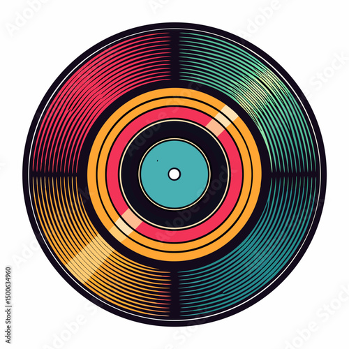 Create a bold, vector illustration of a pop art-style vinyl record with a thick, prominent stroke.  Emphasis on vibrant colors and retro style.