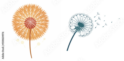Two dandelion flowers orange and blue colors with seeds blowing in the wind vector art illustration