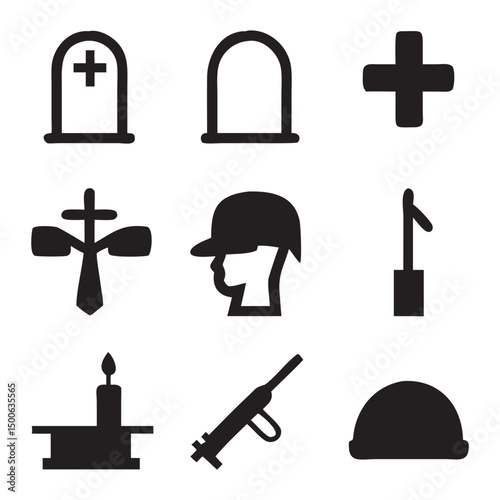 Set of Memorial Day silhouette likes military hat, shield, star, cross, rifle, flag vector illustration on white background.