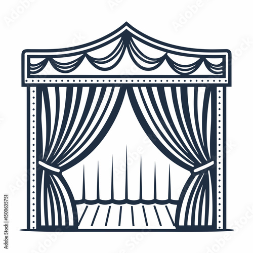 Create a bold, vector illustration of a puppet theater stage, emphasizing strong, thick outlines.  Include detailed stage elements.