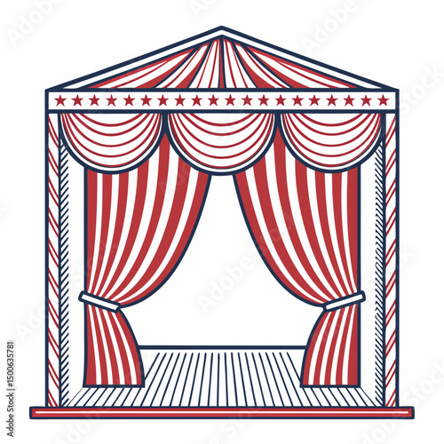 Create a bold, vector illustration of a classic puppet theater stage, emphasizing strong, thick outlines.  Include detailed stage curtains and potentially a puppet silhouette.