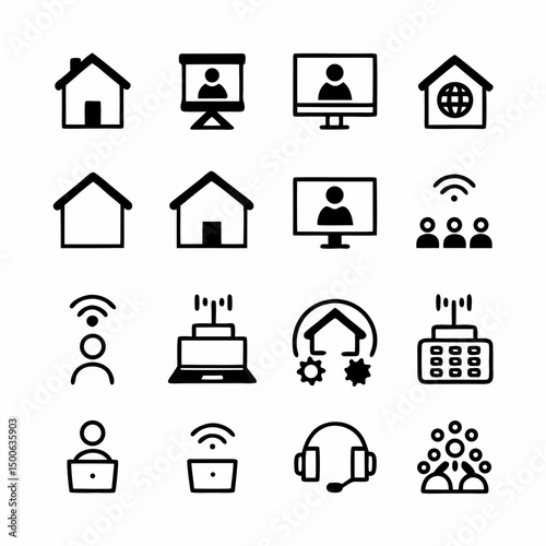 Design a bold, vector illustration of a remote work icon; emphasizing a laptop, headphones, and a home office setting.  The style should be clean and modern.
