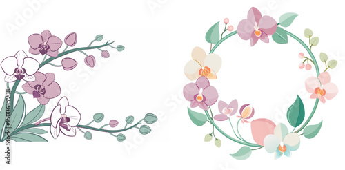 Watercolor orchid flower wreath and corner decoration vector illustration isolated on white background botanical design elements for invitation card
