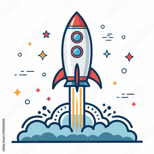 Create a bold, vector illustration of a rocket launching, suitable for an icon.  Emphasis on clean lines and strong stroke weight.