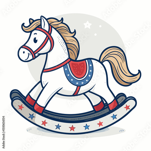 Create a bold, vector illustration of a classic rocking horse toy, emphasizing strong black outlines and clean lines.  Include detailed mane and tail.