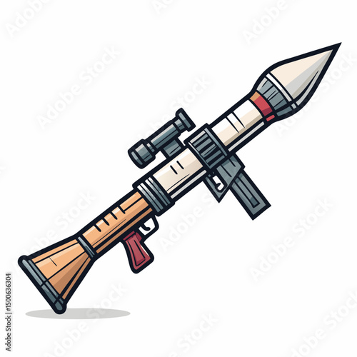 Create a bold, vector illustration of a futuristic RPG rocket launcher with heavy, defined outlines.  Include intricate details.